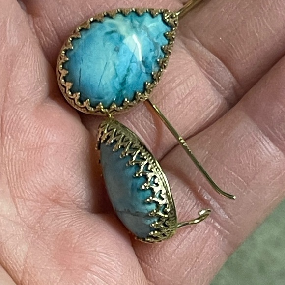 14 karat gold, sleeping beauty, raw turquoise earrings - Picture 7 of 7